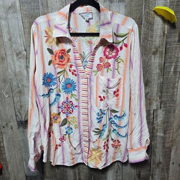 Johnny Was Workshop Stripe Dionne Relaxed Shirt Floral Embroidered Boho Chic - Picture 2 of 5